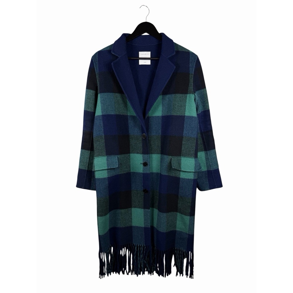 Sandro Paris Tartan Green Blue Fringe Women's Wool Coat - Sz M (approx)